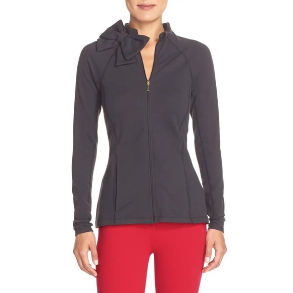 KATE SPADE x BEYOND YOGA Arica Grey Neck Bow Front Zip Jacket sz S Women's NEW - Picture 3 of 16